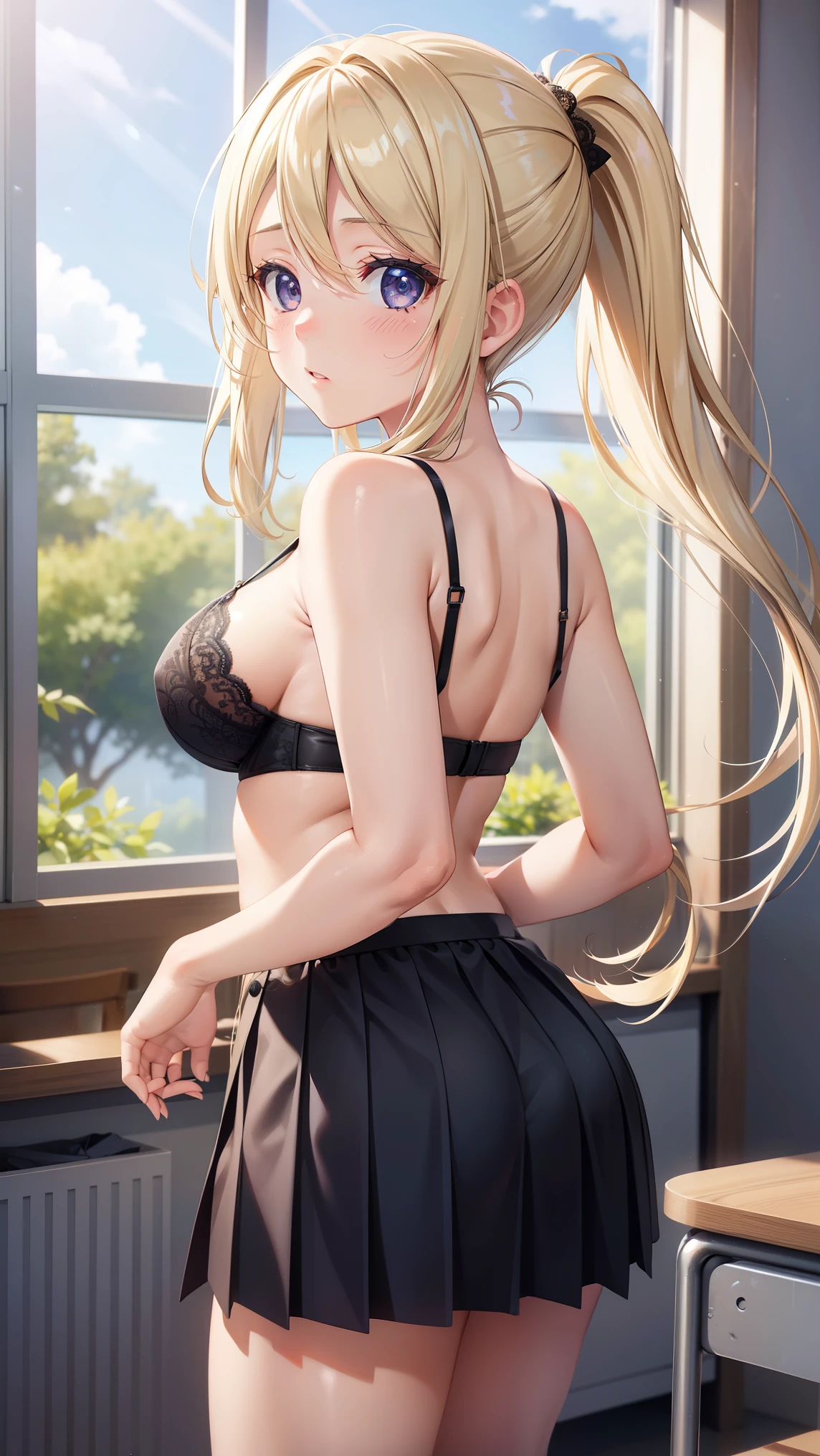 1girl, natural lighting, masterpiece, highly detailed, illustration, game CG, absurdres, high quality, beautiful detailed eyes, glossy lips, natural lighting, medium breasts, blonde hair, ponytail, long bangs, hair between eyes, arisa ayase, aahiyori, from behind, looking back at viewer, blush, surprised, shocked, lace bra, pleated miniskirt, classroom