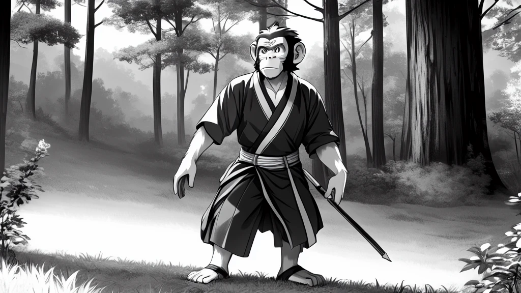 ((Masterpiece, high quality, best graphics, high definition, high definition, 4k)), old photo, vintage photo, 1 Monkey boy, (Solo), (((monkey ears, monkey tail))), ((upper body)), (Wooden Katana in right hand), old samurai suit, old samurai pants, (ribbon on waist), wooden sandals, looking away, standing, {dynamic pose}, (((monochrome, grayscale, pencil sketch, old movie style, noise, VHS movie, anime style))), (forest background, trees, tree shadow, grass, (((Saru to kani no Gassen anime 1917 style))).