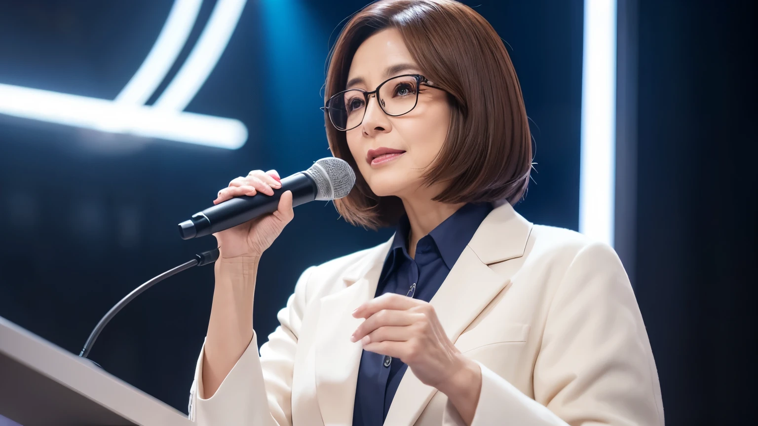 4K Woman in her 50s　Doctor　Wearing a white coat　Brown Hair　Shortcuts　Shiny hair　Beautiful hair　Holding a microphone and speaking　Japanese　doctor　Smooth hair　Good fur shine　Bob Hair　Wearing glasses