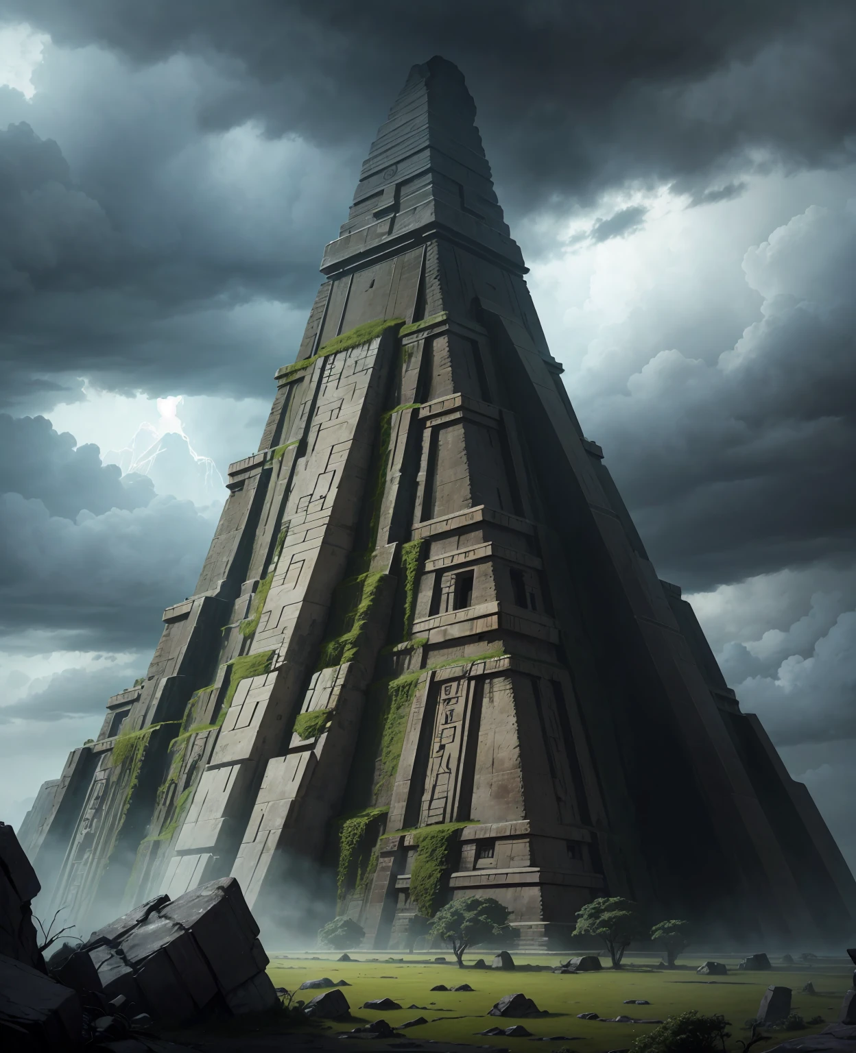 a huge ice age landscape, massive ancient Mayan pyramids, dark cloudy stormy sky, apocalyptic atmosphere, lush jungle vegetation, cracked and weathered stone structures, dramatic lighting, extreme level of detail, highly realistic, digital art, cinematic composition, muted color palette, dramatic shadows and highlights
