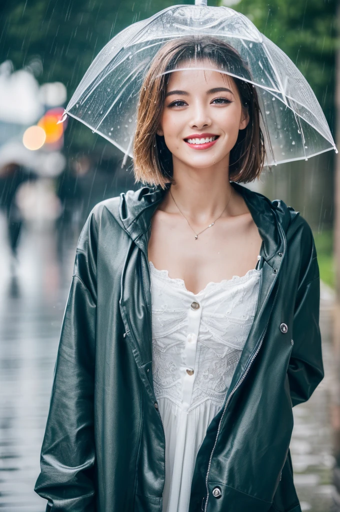 ((Highest quality, 8k, masterpiece:1.3)), concentrated: 1.2, Perfect Body Beauty: 1.4, Hips: 1.2, ((Layered Haircut, chest: 1.2)), (Wet clothes: 1.1), (rain, street:1.3), Bandeau dress: 1.1, Highly detailed face and skin texture, Beautiful Eyes, double eyelid, Whitening skin, Long Hair, (shut up: 1.3), smile
