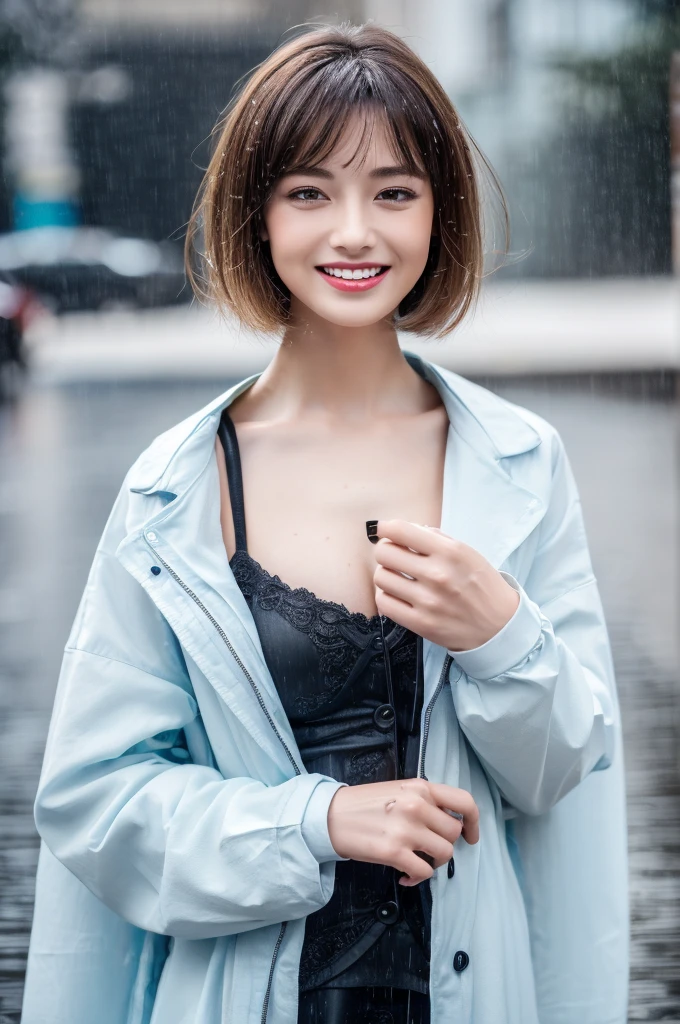 ((Highest quality, 8k, masterpiece:1.3)), concentrated: 1.2, Perfect Body Beauty: 1.4, Hips: 1.2, ((Layered Haircut, chest: 1.2)), (Wet clothes: 1.1), (rain, street:1.3), Bandeau dress: 1.1, Highly detailed face and skin texture, Beautiful Eyes, double eyelid, Whitening skin, Long Hair, (shut up: 1.3), smile