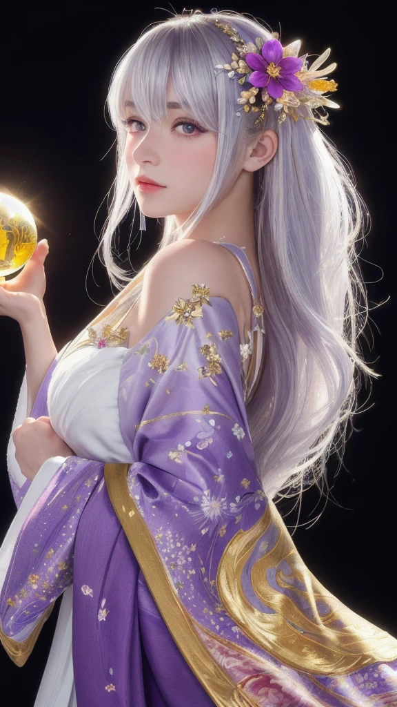 (masterpiece:1.3), (8k, photorealistic, raw photo, highest quality:1.4), (one girl), beautiful face, (realistic face), (long hair), (silver hair, near white hair, shiny hair, beautiful straight hair), (even bangs), (sharp bangs), straight hairstyle, realistic eyes, beautiful detailed eyes (purple eyes), (sharp eyes), (realistic skin), beautiful skin, (kimono), (magician's kimono), (flower hair ornament), attractive, ultra high resolution, ultra realistic, highly detailed, golden ratio, colorful background, (flowers blooming), (energy dancing background), magician, facing forward, facing from shoulders, looking straight ahead, both shoulders facing towards you, holding crystal ball, (heart crystal ball, love crystal ball).