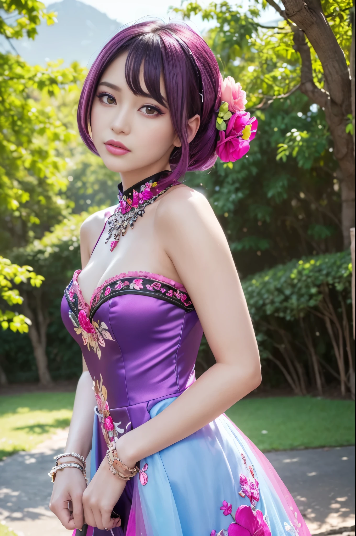 (masterpiece:1.4), (best quality:1.4), ultra high res, ultra high resolution, ((detailed facial features)), HDR, (realistic, photorealistic, photo-realistic:1.37), full body Esbian, sexy Indonesian model, (-anime), only 1 model, vivid colors, ((vivid colors multicolor (fuchsia, pink, light blue, purple) very short hair)), (seductive smile), lip-gloss, long lashes, defined eyebrows, wearing large sparkling colorful jewelery, wearing a red silk Paradise Kiss cosplay dress with black floral embroidery, ((vivid colors outfit)), vivid colors, look at the camera, cinematic light, large park background with trees, sweet and sexy pose