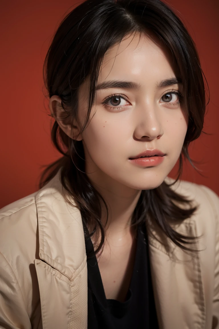 Woman portrait (German:1.5) Coat,looking at the camera,Slight stubble,Beautiful Skin,Brown eyes,wearing a dark shirt,Soft Light,Red background,Shallow depth of field,High-resolution images,Studio shot,head shot,Photographic realism,, masterpiece,Highest quality,