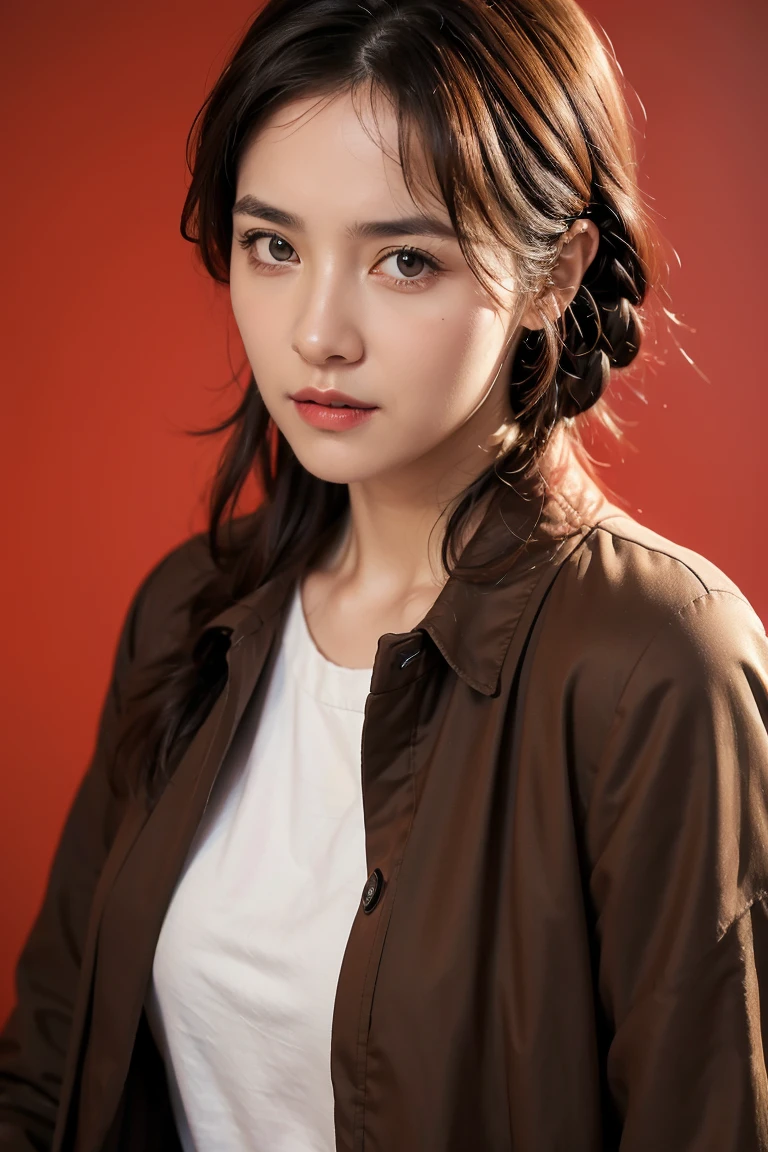 Woman portrait (German:1.5) Coat,looking at the camera,Slight stubble,Beautiful Skin,Brown eyes,wearing a dark shirt,Soft Light,Red background,Shallow depth of field,High-resolution images,Studio shot,head shot,Photographic realism,, masterpiece,Highest quality,