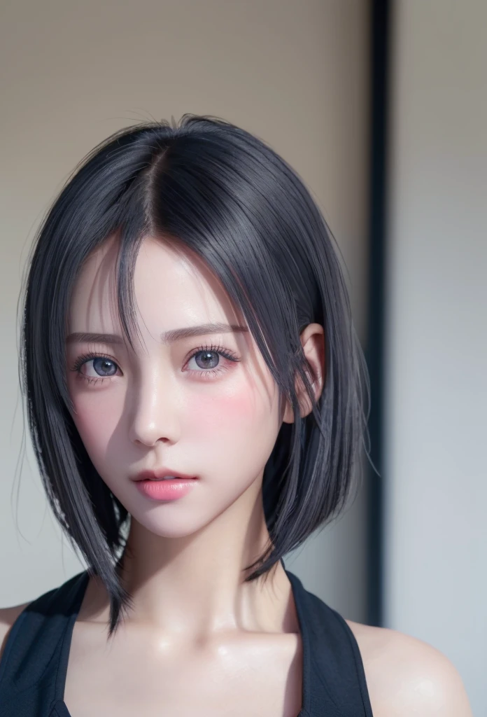 (masutepiece:1.3), (8K, Photorealistic, Raw photo, Best Quality: 1.4), (1girl in), Beautiful face, (Realistic face), (Black hair, Short hair:1.3), bikini of, Beautiful hairstyle, Realistic eyes, Beautiful detailed eyes, (Realistic skin), Beautiful skin, (Navy BL...