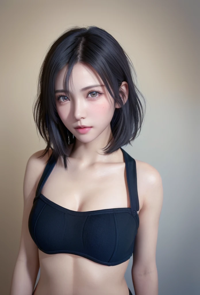(masutepiece:1.3), (8K, Photorealistic, Raw photo, Best Quality: 1.4), (1girl in), Beautiful face, (Realistic face), (Black hair, Short hair:1.3), bikini of, Beautiful hairstyle, Realistic eyes, Beautiful detailed eyes, (Realistic skin), Beautiful skin, (Navy BL...