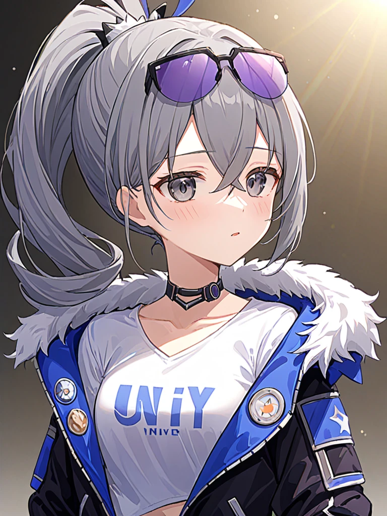 One girl, Jacket, 一人in, gray_hair, gray_eye, black_Jacket, Looking_in_Audience, puponytail, 前hair, Glasses_upon_head, Closed_mouth, fur-trimmed_Jacket, shirt, fur_trim, hair_between_eye, lupong_hair, chest, white_shirt, gray_background, Drill_hair, upper_body, sunglasseasterpiece:1.2), Highest quality, High resolution, unity 8k wallpaper, (figure:0.8), (美しい細部まinこだわったeye:1.6), Highly detailed face, Perfect lighting, Highly detailed CG, (Perfect hands, Perfect Anatomy),whiteいbackground、シンプルなbackground、Cowboy Shot、