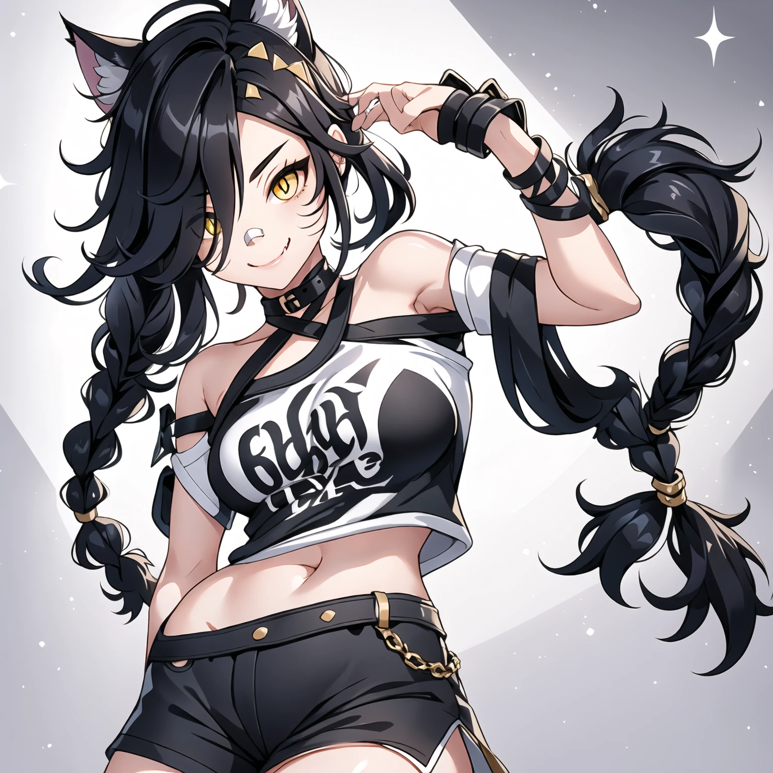 1girl, solo, long hair, looking at viewer, black hair, bandaid on face, yellow eyes, animal ears, smile, bandaid on nose, braid, cat ears, bandaid, bangs, breasts, fang, bare shoulders, scar, teeth, shirt, bare shoulders, white shirt, short sleeves, closed mouth, t-shirt, hair over one eye, portrait, bag, hair over shoulder, shorts, fullbody shot, cute, messy hair