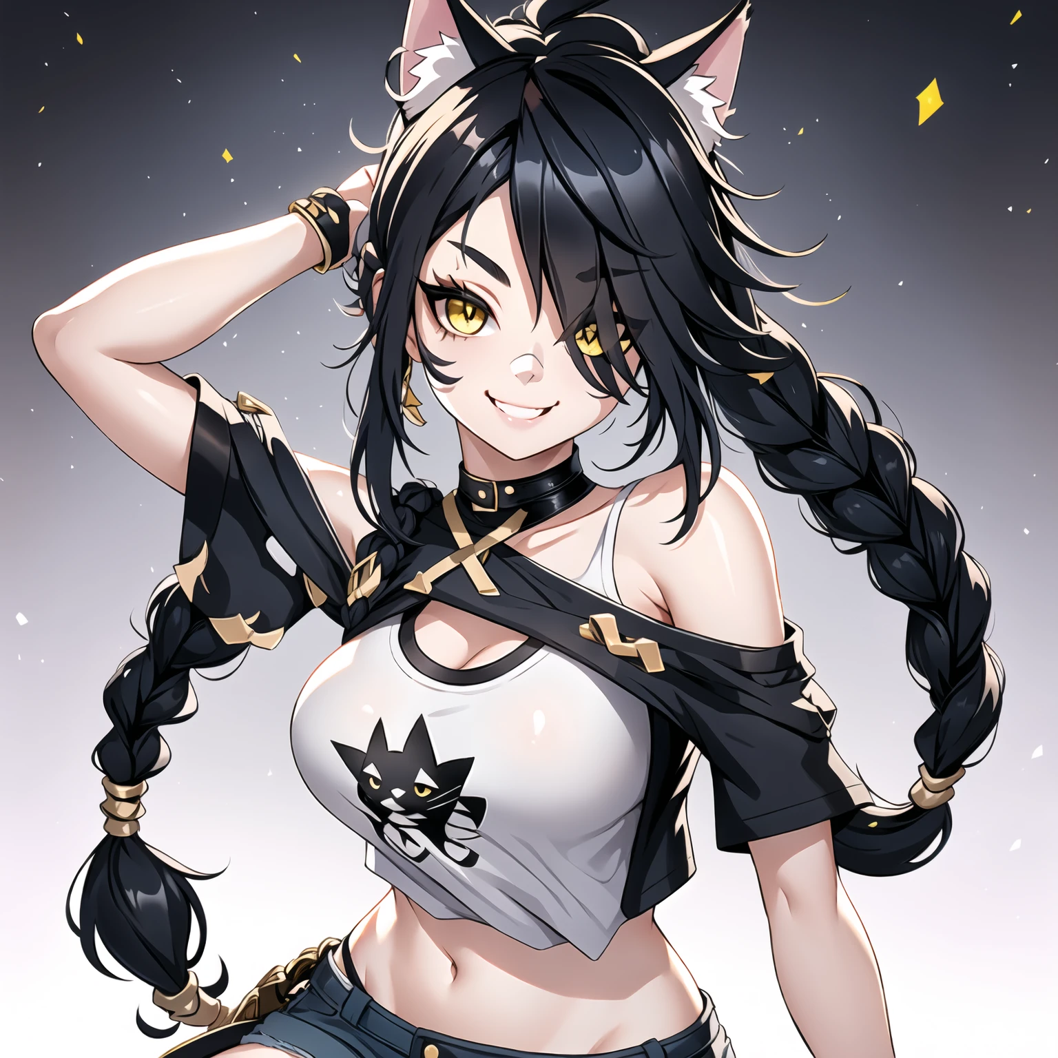 1girl, solo, long hair, looking at viewer, black hair, bandaid on face, yellow eyes, animal ears, smile, bandaid on nose, braid, cat ears, bandaid, bangs, breasts, fang, bare shoulders, scar, teeth, shirt, bare shoulders, white shirt, short sleeves, closed mouth, t-shirt, hair over one eye, portrait, bag, hair over shoulder, shorts, fullbody shot, cute, messy hair