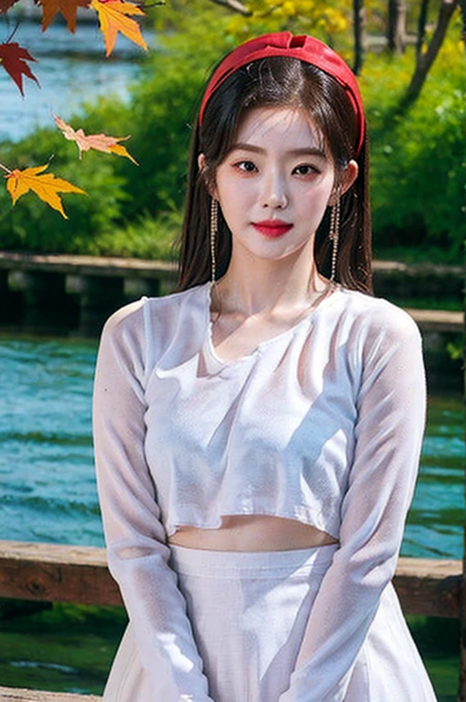 best quality, masterpiece, illustration, (realistic, photo-realistic:1.37), amazing, in detail, incredibly absurd, huge file size, very detailed, mackerel, very detailed CG Unity 8k 벽지, ray tracing, NSFW, nude, 1 woman, orgasm, View portrait of a young man, An innocent looking Korean girl is playing in the river water wearing a very transparent wet hanbok outdoors in the fall for the Mid-Autumn Festival.. through a transparent wet cloth., Her ample breasts are clearly visible., Generous outline and feminine shape. The thin drenched fabric reveals her slim waist and flat tummy... See-through wet outfit exposes underbelly and sides. she has a smiling face, with rough breathing, blush, embarrassed expression, Golden headdress, hair ribbon, earring, golden hair, alcohol, forehead, sweat, Autumn maple leaves floating on the river, Near the river with red maple trees, Oodle Bridge.