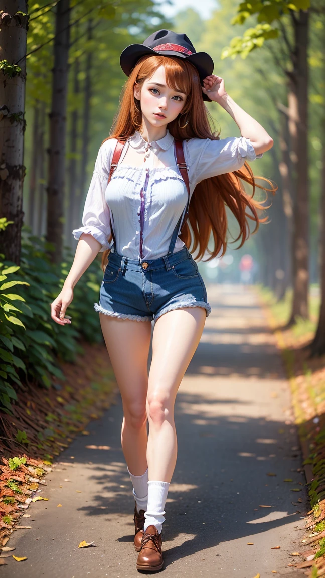 1 girl,cute,,Long reddish-brown hair,full body,The eyes are pronounced purple.,perfect face,Denim shorts with suspenders,High definition images,Brown camal leather shoes,Striped socks,blurred background,maple leaf background,white balance