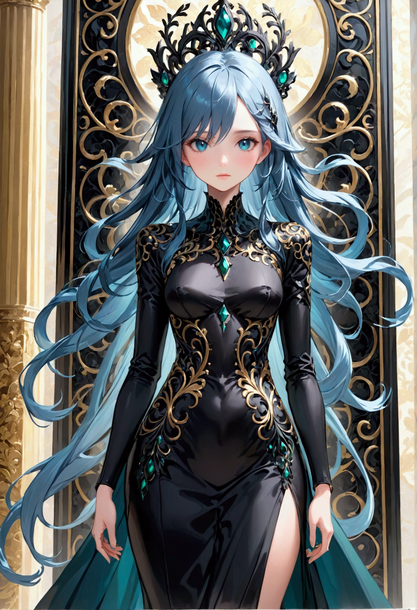 Girl with onyx hair, onyx eyes,tall rectangular body figure, mature, elagant dress