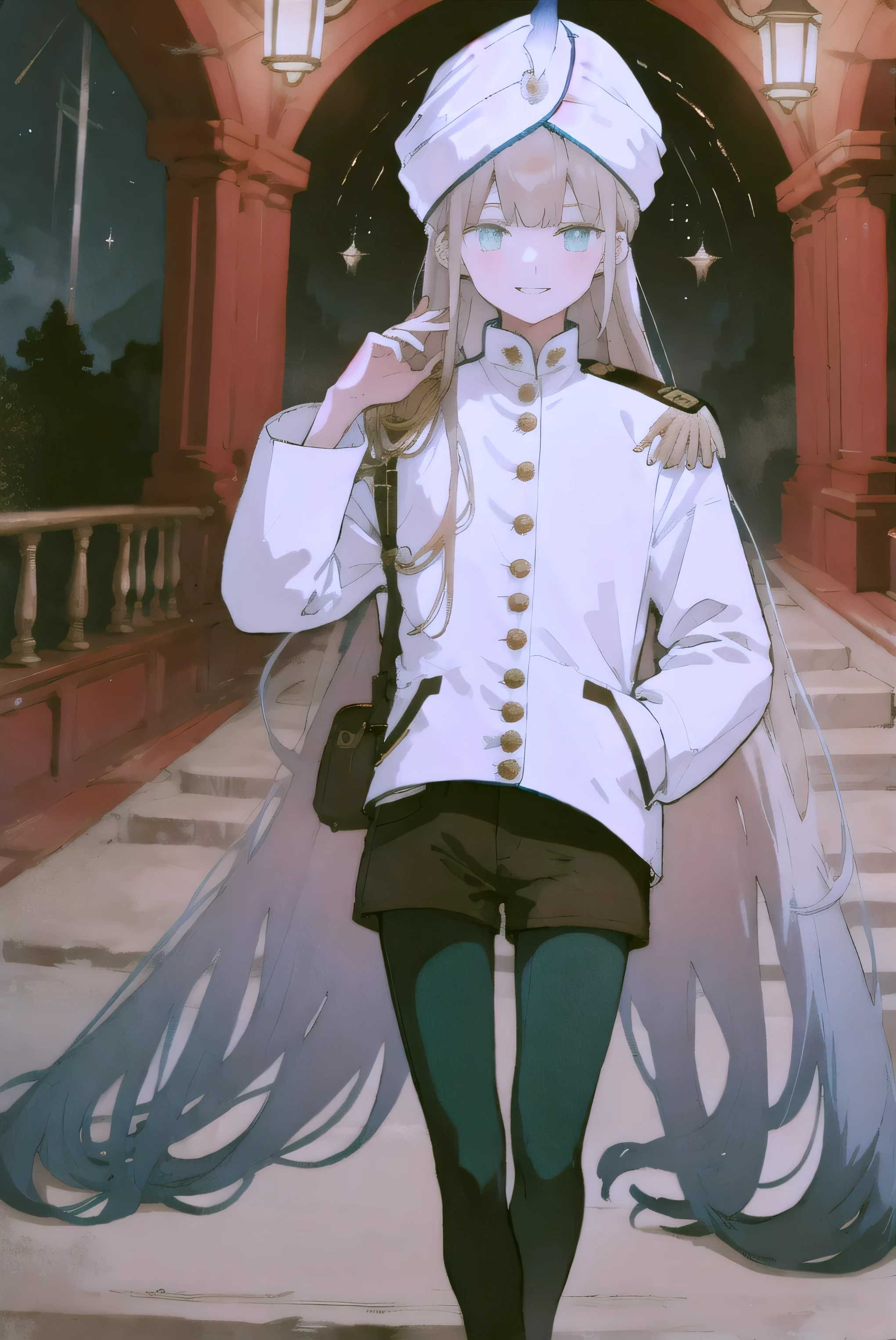 masterpiece, best quality, captain nemo \(fate\), blonde hair, (blue hair:1.1), multicolored hair, gradient hair, bangs, blunt bangs, green eyes, pupils, detailed pupils, very long hair, hair down, otoko no ko, 1boy, white jacket, long sleeves, epaulettes, black shorts, (blue pantyhose), white turban, white hat, 1boy, solo, standing, smile, underwater, ethereal, stars, looking at viewer, full body, (holding a lantern, at the end of a tunnel), light at the center, darkness around edges