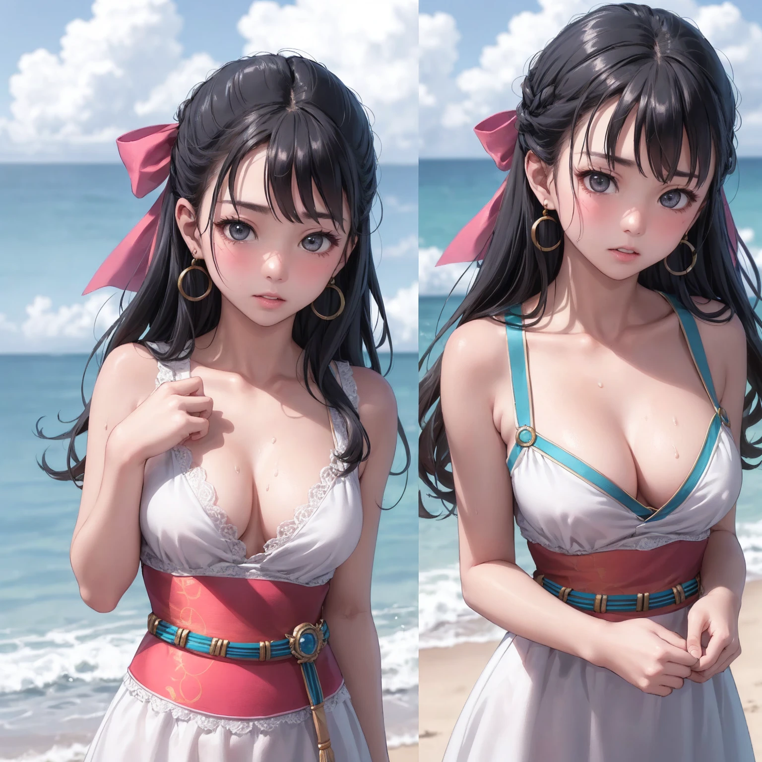 black, Hair Ribbon,Earrings,chest,sash,black髪 (Highest quality, masterpiece, RAW Photos,Very detailed:1.2), One girl,alone,View your viewers,小さなchest, Alone, Upper Body, hot, Sweating a lot, Ocean, beach