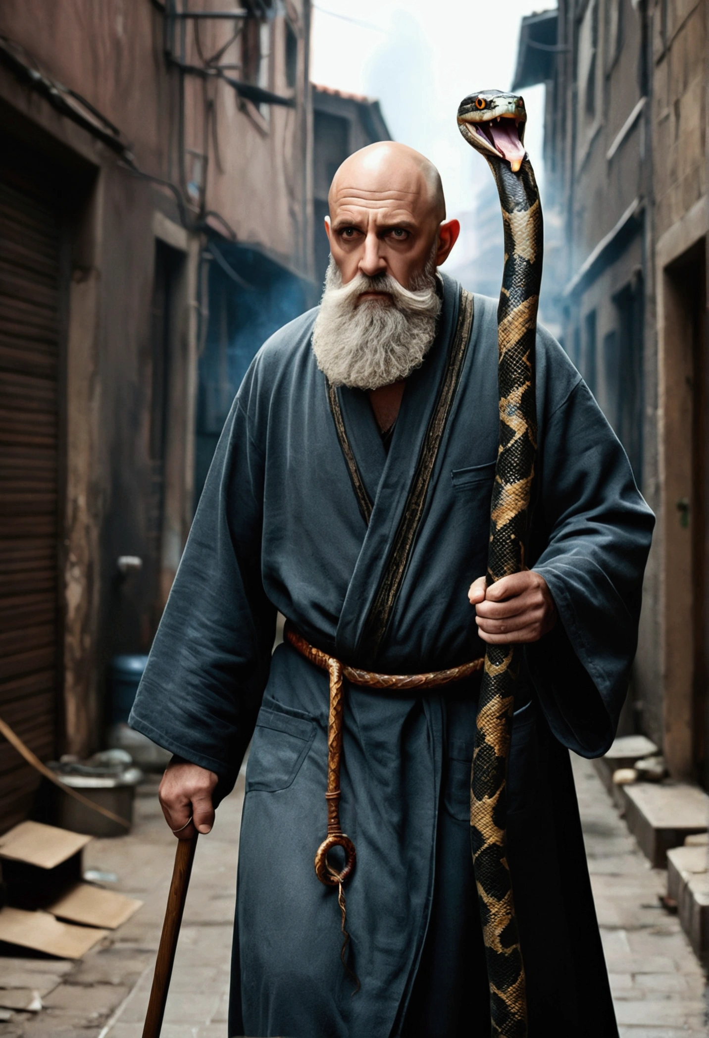 (Highest quality,4K,8k,High resolution,masterpiece:1.2),Very detailed,(Realistic,photoRealistic,photo-Realistic:1.37),anti hero,Skinhead,Gray Beard,Middle-aged uncle,Wizard Robe,black eye,Carrying a walking stick,A large snake is wrapped around the walking stick,Electric current from the serpent's mouth,Grainy cityscape,Dark Alley,Mysterious Shadow,Spectacular Background,Smoke effect,Vibrant colors,Concept Artist,Moody lighting,superpower