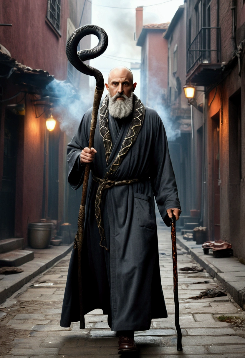 (Highest quality,4K,8k,High resolution,masterpiece:1.2),Very detailed,(Realistic,photoRealistic,photo-Realistic:1.37),anti hero,Skinhead,Gray Beard,Middle-aged uncle,Wizard Robe,black eye,Carrying a walking stick,A large snake is wrapped around the walking stick,Electric current from the serpent's mouth,Grainy cityscape,Dark Alley,Mysterious Shadow,Spectacular Background,Smoke effect,Vibrant colors,Concept Artist,Moody lighting,superpower