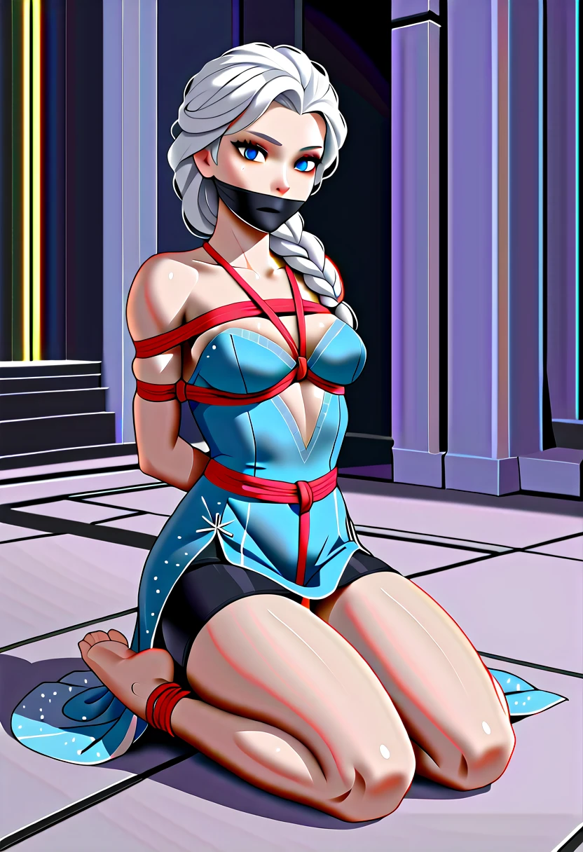 ((Full body photo, standing, on the floor)) Create a visually captivating photorealistic image of a model stylized like Elsa from Disney's "Frozen." The model has a (pale) e that . Her hair, styled into a braided hairstyle with neon highlights woven throughout, features a breathtaking combination of (icy blue) and (icy silver). She wears a charming blue dress, made of luminous silk fabric that shines with every movement. The skirt of the dress is transparent and fits well on the legs. She sits on a throne of stone and ice, tied up, inside a palace made of stone and ice. (Tied with jute rope:2), (tied with lots of rope, ankles tied, legs tied, breasts tied, crotch rope:1,5). Otm gag. The dress features a fitted bodice adorned with snowflake appliqués, creating a mesmerizing icy effect. The flowing skirt, made of layered icy tulle, billows like an icy breeze. Completing her look are neon-accented gloves that glow with an icy glow. Against a dark icy rocky castle backdrop, Elsa's neon ensemble illuminates the scene, capturing her majestic presence and the magical allure of her icy powers. With your camera, a high-resolution mirrorless camera combined with a prime lens, you will capture the model's enchanting beauty and the electrifying energy of her icy costume.