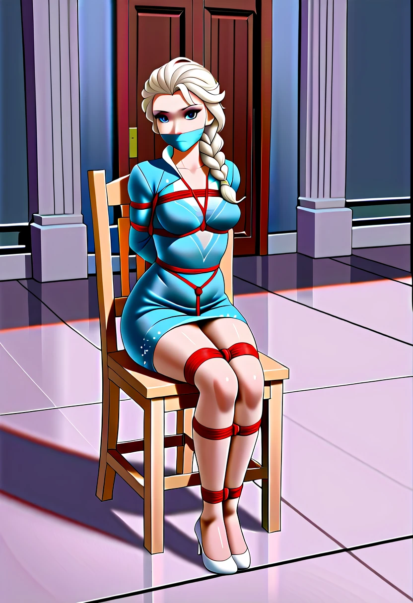 ((Full body photo, standing, on the floor)) Create a visually captivating photorealistic image of a model stylized like Elsa from Disney's "Frozen." The model has a (pale) e that . Her hair, styled into a braided hairstyle with neon highlights woven throughout, features a breathtaking combination of (icy blue) and (icy silver). She wears a charming blue dress, made of luminous silk fabric that shines with every movement. The skirt of the dress is transparent and fits well on the legs. She sits on a throne of stone and ice, tied up, inside a palace made of stone and ice. (Tied with jute rope:2), (tied with lots of rope, ankles tied, legs tied, breasts tied, crotch rope:1,5). Otm gag. The dress features a fitted bodice adorned with snowflake appliqués, creating a mesmerizing icy effect. The flowing skirt, made of layered icy tulle, billows like an icy breeze. Completing her look are neon-accented gloves that glow with an icy glow. Against a dark icy rocky castle backdrop, Elsa's neon ensemble illuminates the scene, capturing her majestic presence and the magical allure of her icy powers. With your camera, a high-resolution mirrorless camera combined with a prime lens, you will capture the model's enchanting beauty and the electrifying energy of her icy costume.