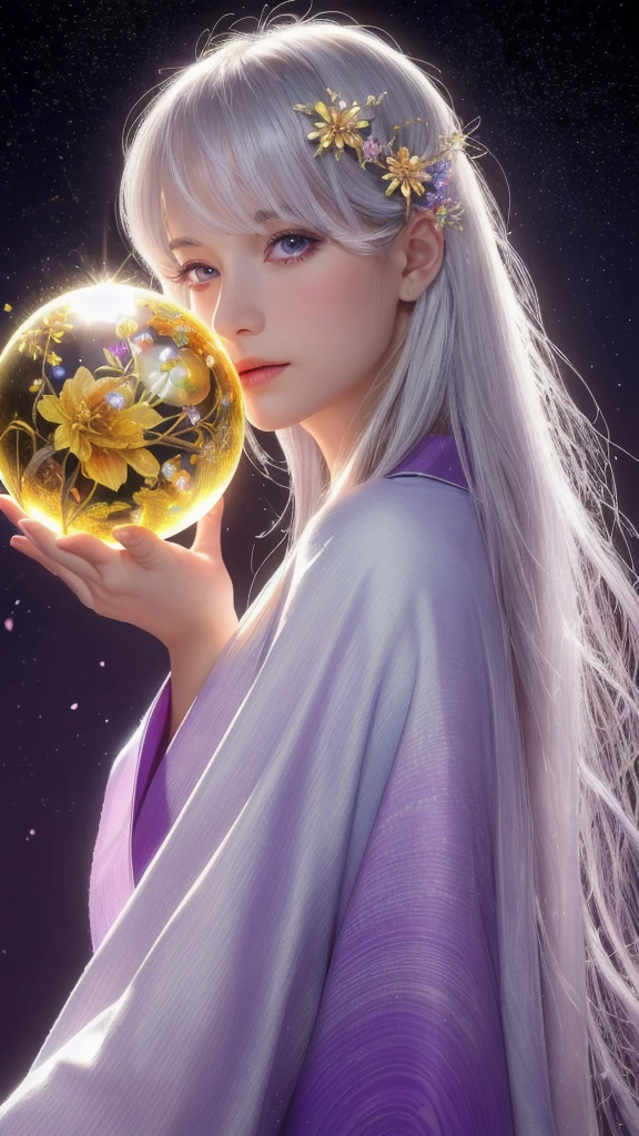 (masterpiece:1.3), (8k, photorealistic, raw photo, highest quality:1.4), (one girl), beautiful face, (realistic face), (long hair), (silver hair, near white hair, shiny hair, beautiful straight hair), (even bangs), (sharp bangs), straight hairstyle, realistic eyes, beautiful detailed eyes (purple eyes), (sharp eyes), (realistic skin), beautiful skin, (kimono), (magician's kimono), (flower hair ornament), attractive, ultra high resolution, ultra realistic, highly detailed, golden ratio, colorful background, (flowers blooming), (energy dancing background), magician, facing forward, facing from shoulders, looking straight ahead, both shoulders facing towards you, holding crystal ball, (heart crystal ball, love crystal ball).