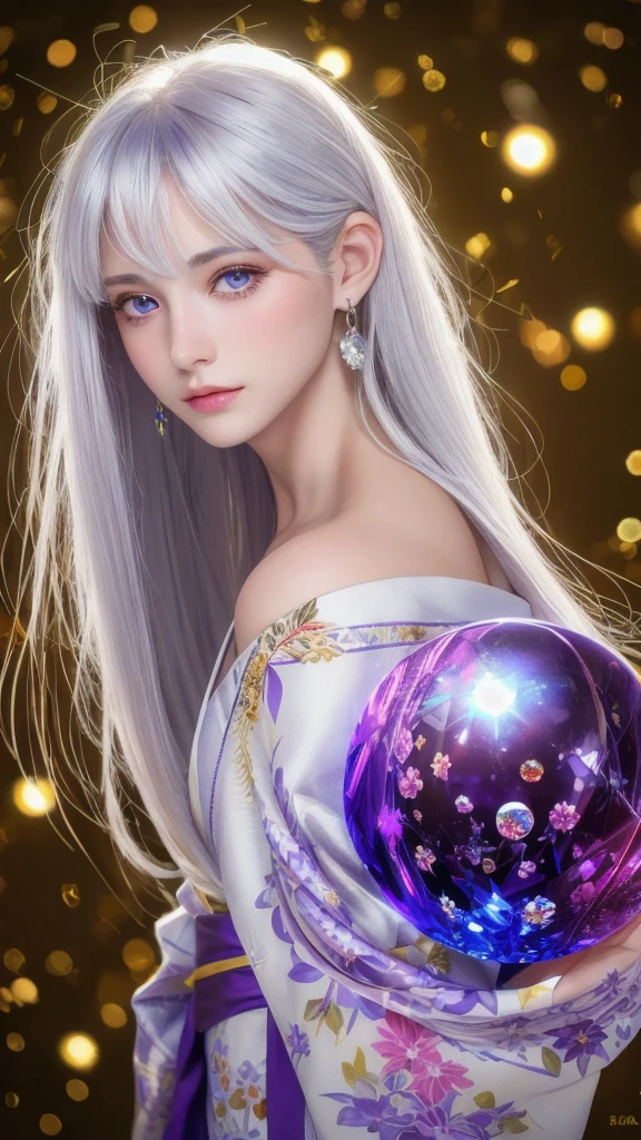 (masterpiece:1.3), (8k, photorealistic, raw photo, highest quality:1.4), (one girl), beautiful face, (realistic face), (long hair), (silver hair, near white hair, shiny hair, beautiful straight hair), (even bangs), (sharp bangs), straight hairstyle, realistic eyes, beautiful detailed eyes (purple eyes), (sharp eyes), (realistic skin), beautiful skin, (kimono), (magician's kimono), (flower hair ornament), attractive, ultra high resolution, ultra realistic, highly detailed, golden ratio, colorful background, (flowers blooming), (energy dancing background), magician, facing forward, facing from shoulders, looking straight ahead, both shoulders facing towards you, holding crystal ball, (heart crystal ball, love crystal ball).
