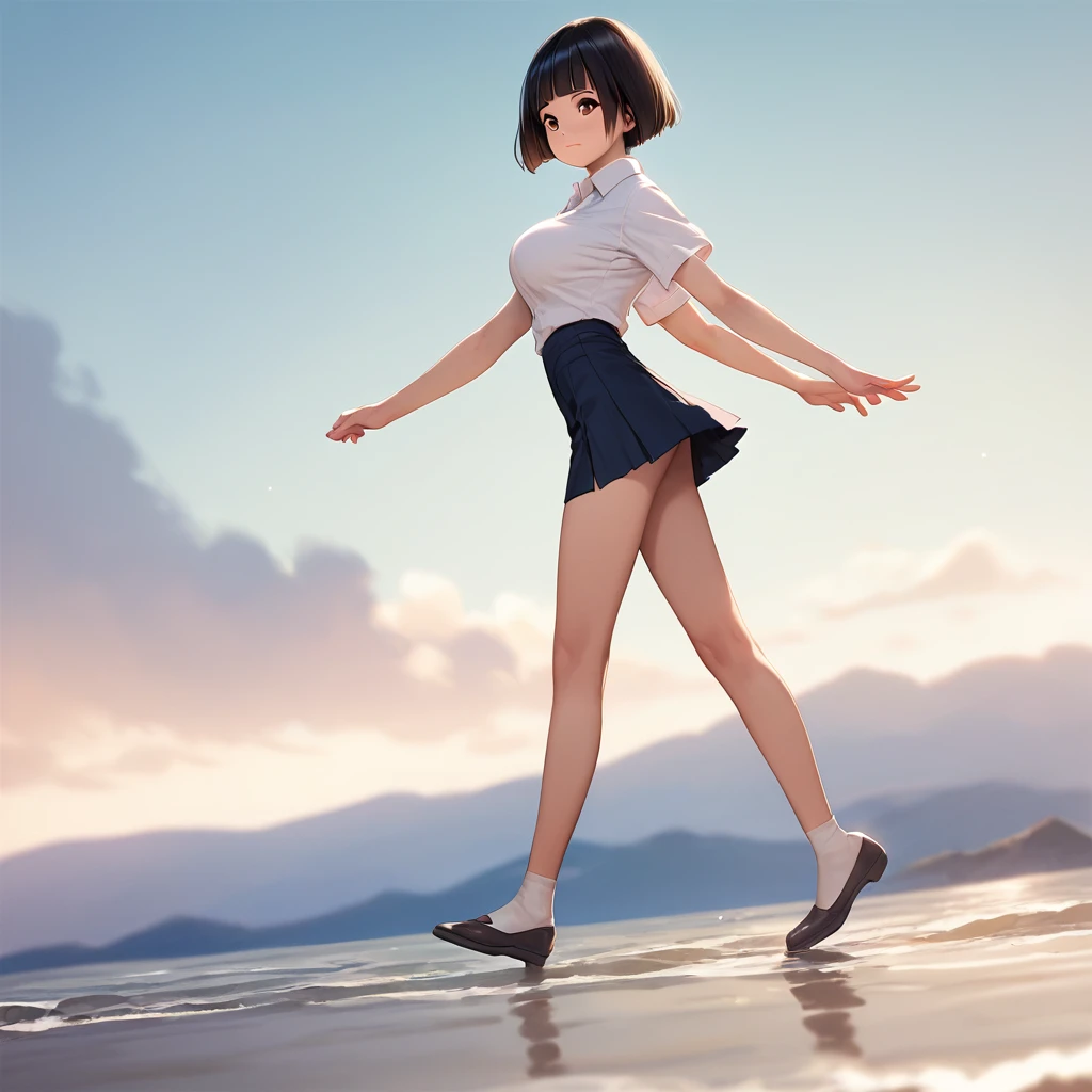 score_9,score_8_up,score_7_up,masterpiece,best quality, source anime, realistic, super detailed, extreme detailed, rating_safe,
1girl, Walking, spread arms, full body, (from side:0.5), BREAK girl, 22yo, short hair, bob cut, (blunt bangs), black hair, (tareme, detailed cute brown eyes), curled eyelashes, (large breasts:0.9), shiny hair, beautiful detailed eyes, beautiful face, slender, small ass, slim legs, serious, white collared shirt, black tight mini skirt, pumps,