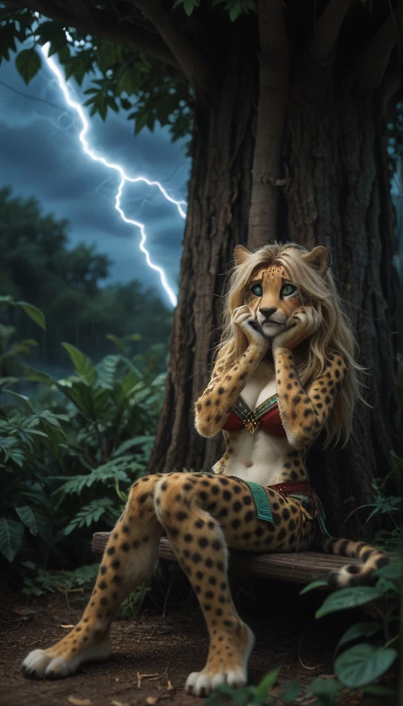 (zPDXL2), score_9, score_8_up, score_7_up, source_anime, 2d, FURRY, anthro, 
female, anthro, [black panther:cheetah:0.3], (black fur), (hiding, seat under tree, scared face expression, Scared pose:1.5), (long hair, wheat blonde hair, wet hair, fluffy tail), cheetah ears, big breasts, attractive, (prehistoric, top, loincloth), ((athletic body, Curvy body)), thick hips, freckles, freckles on face, emerald green eyes, thunder, storm, lighting, (tropical thunder, lightning, rainstorm, night background:1.5), 
AissistXLv2, unaestheticXL_bp5, SimplePositiveXLv2, zPDXL2 PonyXLV6_Scores