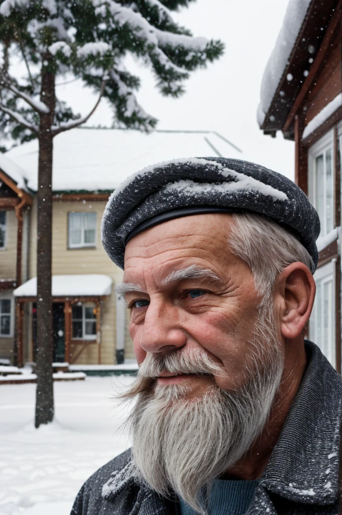 old man with a white beard with a cap on his head in the quiet town in the snow 