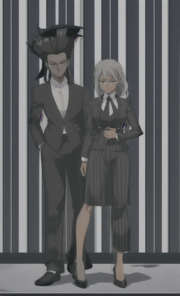 90s anime grown tall skinny black skinned female business woman in a grey pinstripe skirt suit wearing grey heels with cornrow hair full body
Pinstripe blaze and pinstripe skirt