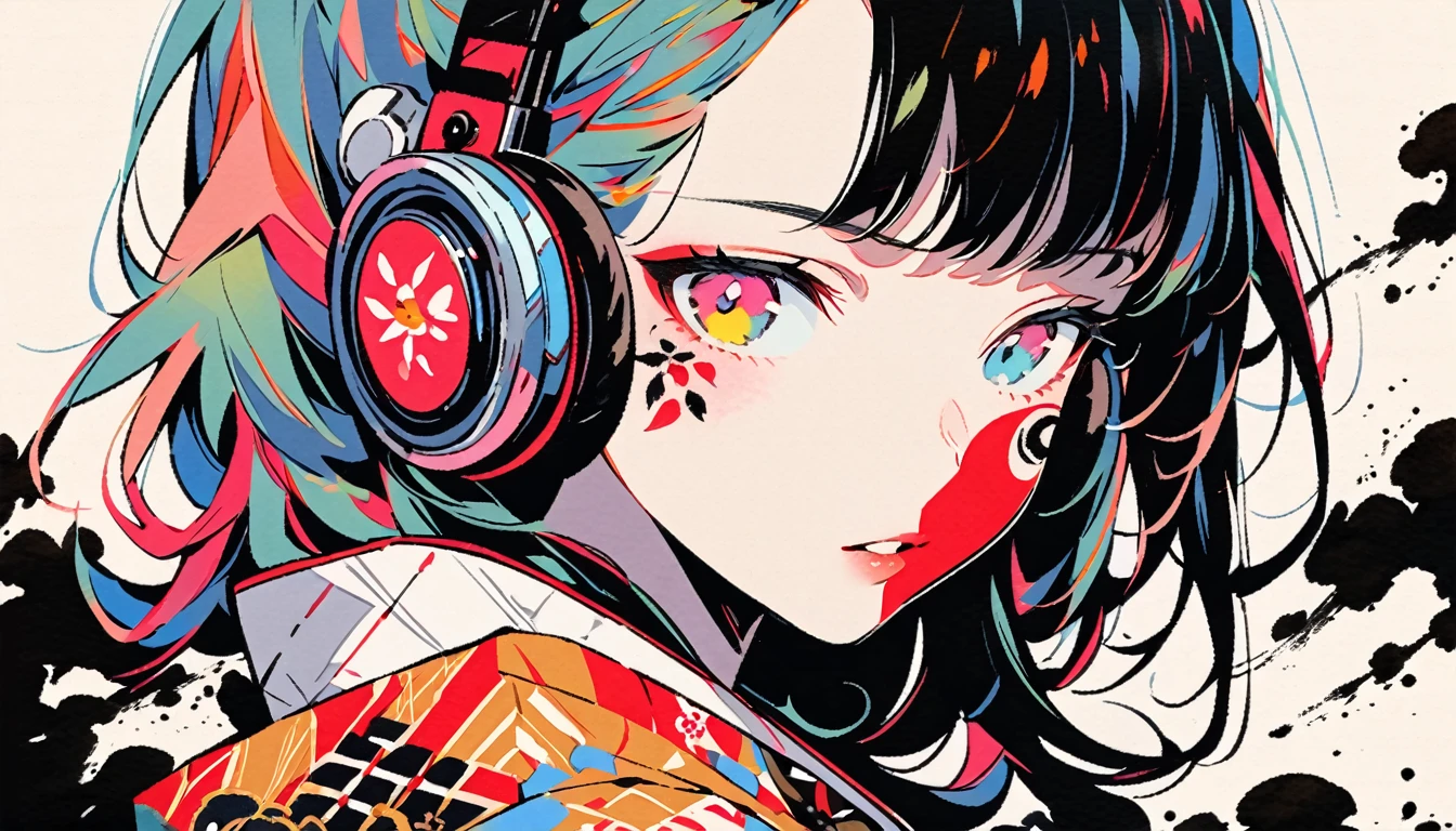 (((Ink Painting))), ((Japanese style headphones)), (((Japanese pattern tattoo on face))), face close up, Gorgeous hair accessories, Japanese, vividcolor