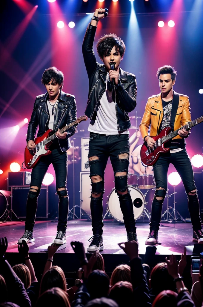 "A rock band performing on stage with three members. The lead singer stands in the center holding a microphone, the guitarist on the left with an electric guitar, and the drummer at the back with a drum set. The stage is lit with colorful spotlights, and the audience can be seen cheering in the background. The band's outfits are edgy and stylish, featuring leather jackets and ripped jeans."