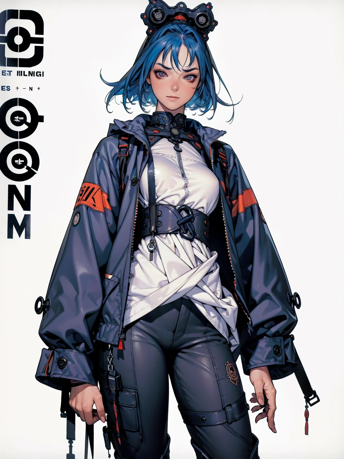 (((best qualityer))), (((manga strokes))), (((blue hair with red highlights))), uma Kizi jovem muito bem vestida com roupas modernas de inverno, pants with red and black zig-zag pattern, top gift vertical stripes, short jacket with dark fur collar, beautiful and expressive face, slightly-smile, big eyes with long black eyelashes, heavy make-up, chains and zippers spread across clothes, contrasting colours, pose de atitude, hair with a modern and futuristic cut, urban game poster art, dramatic camera angles, graffiti art elements in the background, design mixing contemporary and retro by Shepard Fairey, (((cowboy shot))), (((best qualityer: 1.4))), (Unbeatable masterpiece), (hiper HD),(CG 8k hyper-realistic), Kizi, (((standing alone))), pirralha violent, (((14歳))), sexly, pose de atitude, work of art, post-apocalypse, (((manga style))), bounty hunter, violent, Manic, the way you want, slenderbody, thin but strong, perfectbody, roupa moderna, advanced technology, neon, sleeves with vertical striped pattern, neutral background, (( cowboy shot )). intricate visual