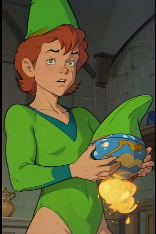 a redhead cartoon character dressed in a green leotard, very muscular, a 14 year old male wizard, 1980s cartoon, animated episode still, Presto (((mad))), ((Wears a wizard hat))