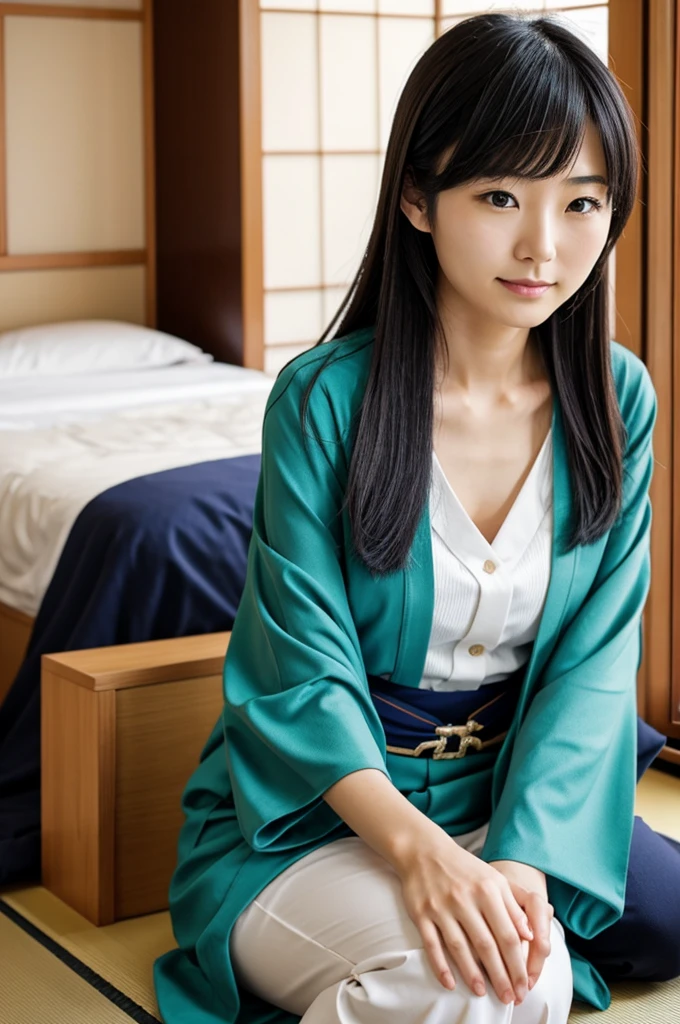 A Japanese woman doesn't wear clothes, revealing her busty breasts, and is shy and naked.