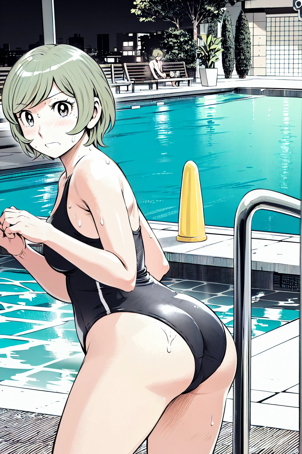 Blue school swimsuit、(masterpiece、Highest quality)、Highest quality, Ultra-high resolution, (((masterpiece))), alone, Sweat、Big eyes, Composition from the front、Shortcuts、Embarrassed face、blonde、Cut your hair short、School swimming pool、short hair、Pussy Line、Browsing Caution、Butt