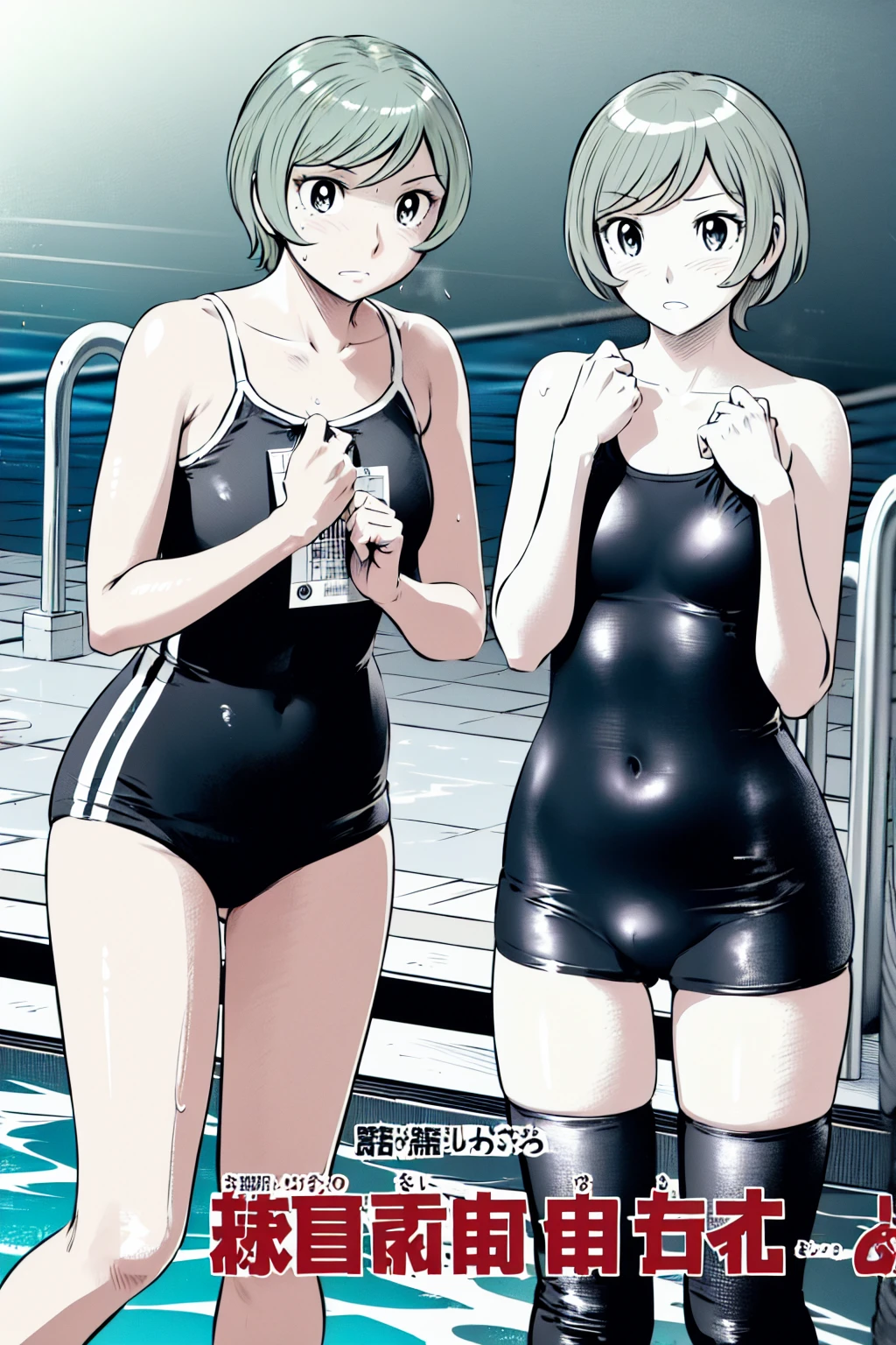 Blue school swimsuit、(masterpiece、Highest quality)、Highest quality, Ultra-high resolution, (((masterpiece))), alone, Sweat、Big eyes, Composition from the front、Shortcuts、Embarrassed face、blonde、Cut your hair short、School swimming pool、short hair、Pussy Line、Browsing Caution、Butt