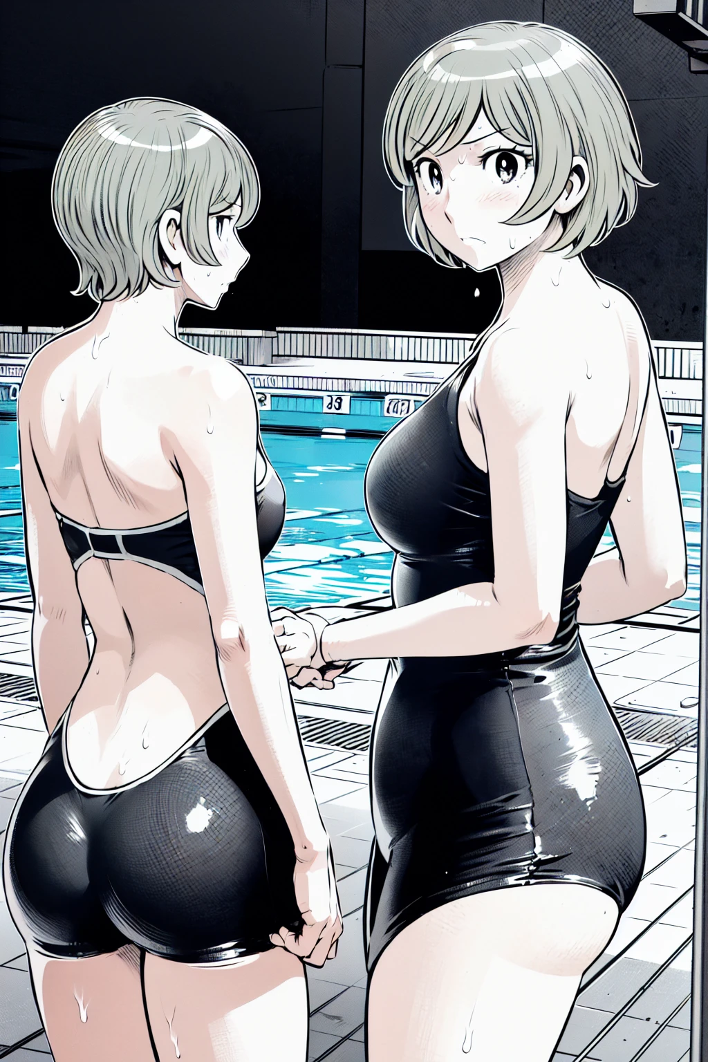 Blue school swimsuit、(masterpiece、Highest quality)、Highest quality, Ultra-high resolution, (((masterpiece))), alone, Sweat、Big eyes, Composition from the front、Shortcuts、Embarrassed face、blonde、Cut your hair short、School swimming pool、short hair、Pussy Line、Browsing Caution、Butt