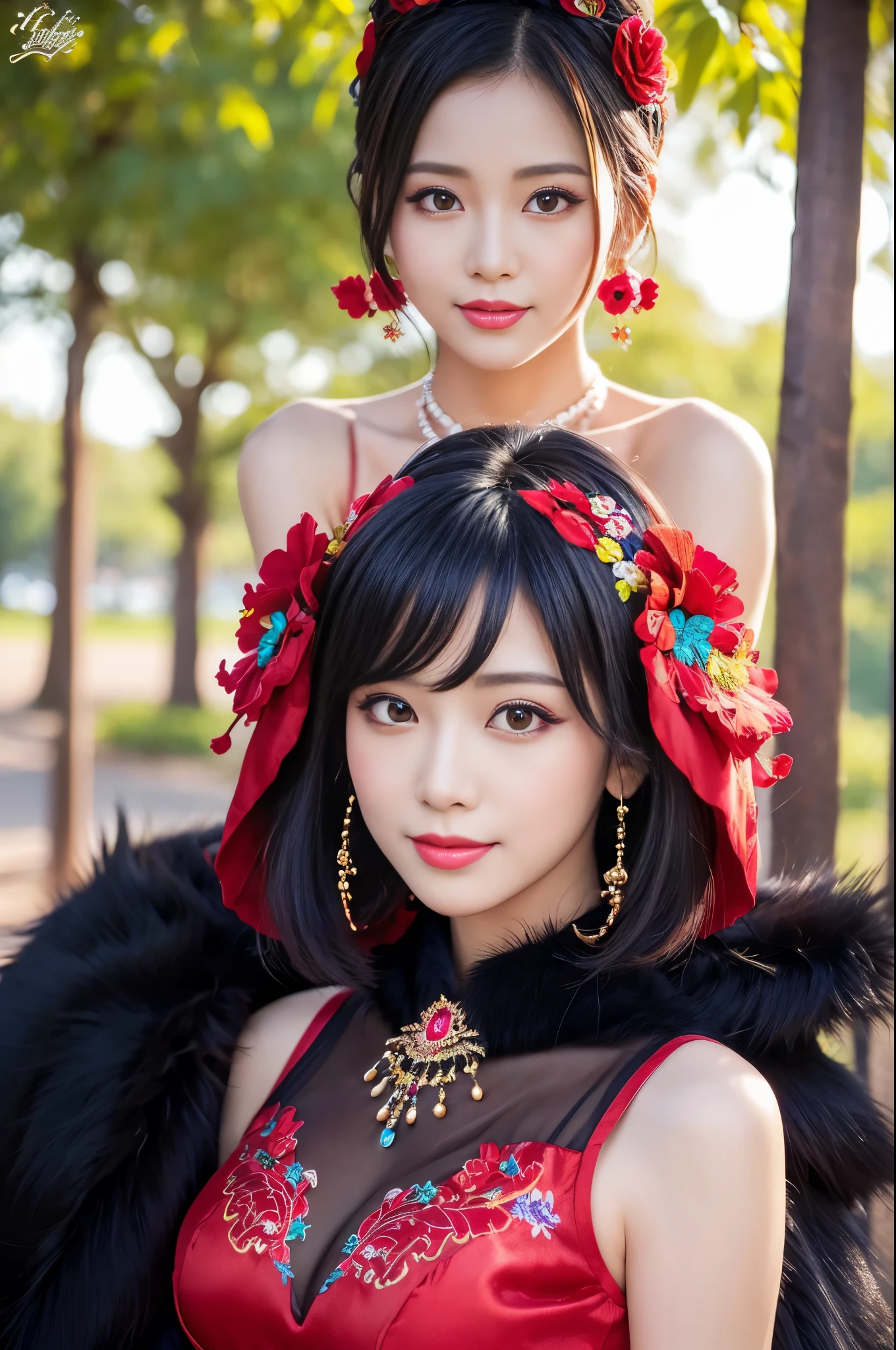(masterpiece:1.4), (best quality:1.4), ultra high res, ultra high resolution, ((detailed facial features)), HDR, (realistic, photorealistic, photo-realistic:1.37), full body, sexy Vietnamese model, (-anime), only 1 model, vivid colors, very short hair, (beautiful smile), lip-gloss, long lashes, defined eyebrows, wearing large sparkling colorful jewelery, wearing a red silk Paradise Kiss cosplay dress with black floral embroidery, ((long fur vivid colors outfit)), vivid colors, look at the camera, cinematic light, large park background with trees, sweet and sexy pose