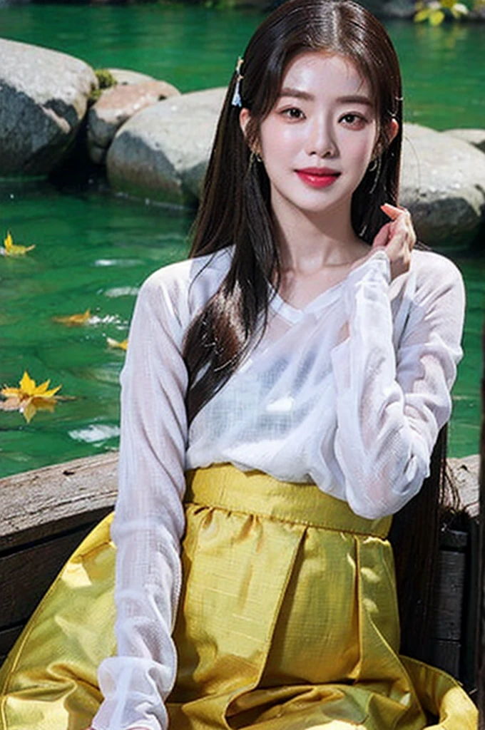 best quality, masterpiece, illustration, (realistic, photo-realistic:1.37), amazing, 1 woman, orgasm, View portrait of a young man, An innocent looking Korean girl is playing in the river water wearing a very transparent wet hanbok outdoors in the fall for the Mid-Autumn Festival.. through a transparent wet cloth., Her ample breasts are clearly visible., Generous outline and feminine shape. The thin drenched fabric reveals her slim waist and flat tummy... See-through wet outfit exposes underbelly and sides. she has a smiling face, with rough breathing, blush, embarrassed expression, Golden headdress, hair ribbon, earring, golden hair, alcohol, forehead, sweat, Autumn maple leaves floating on the river, Near the river with red maple trees, Oodle Bridge.