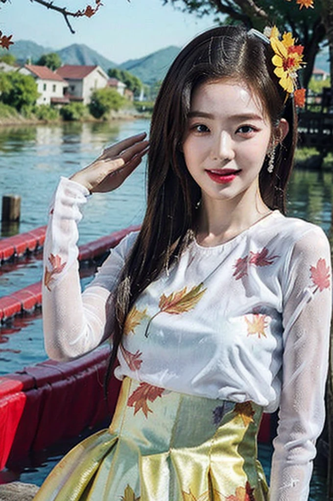 best quality, masterpiece, illustration, (realistic, photo-realistic:1.37), amazing, 1 woman, orgasm, View portrait of a young man, An innocent looking Korean girl is playing in the river water wearing a very transparent wet hanbok outdoors in the fall for the Mid-Autumn Festival.. through a transparent wet cloth., Her ample breasts are clearly visible., Generous outline and feminine shape. The thin drenched fabric reveals her slim waist and flat tummy... See-through wet outfit exposes underbelly and sides. she has a smiling face, with rough breathing, blush, embarrassed expression, Golden headdress, hair ribbon, earring, golden hair, alcohol, forehead, sweat, Autumn maple leaves floating on the river, Near the river with red maple trees, Oodle Bridge.