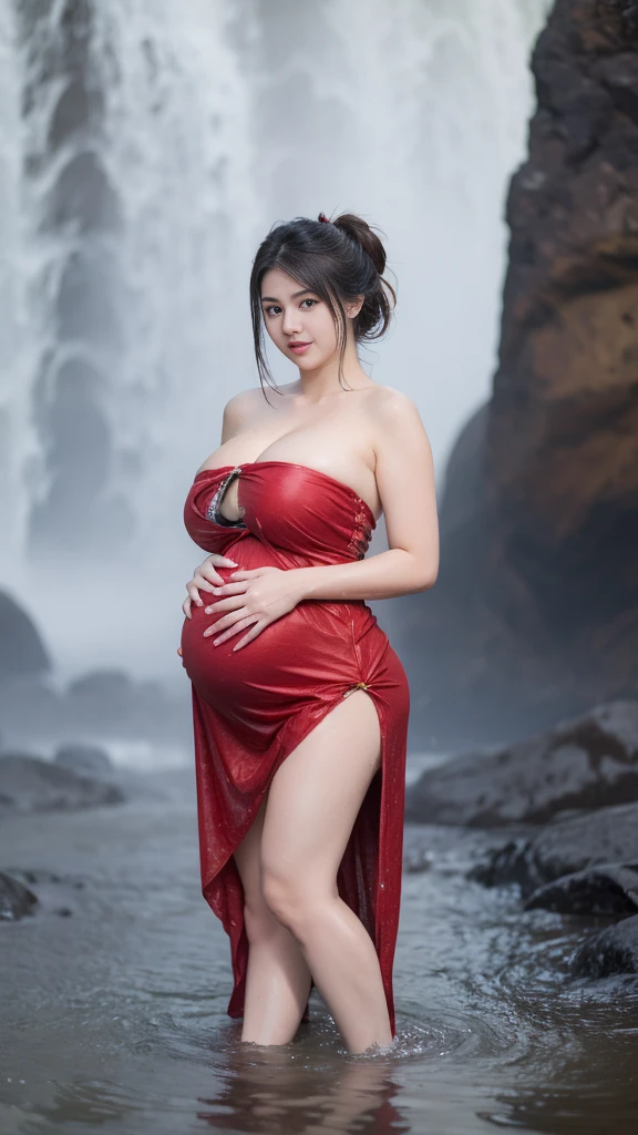 Pregnant RAW, Best quality, high resolution, masterpiece: 1.3), beautiful Arabian woman, Masterpiece, rain, perfect wet soaked body, wet clothes, (huge breasts:1.3), cleavage cutout, open breast, black chignon hair, open stand, realistic, dark hairy pussy, Soft smile, thick thighs, she is about 20 years old, pale white skin, wearing a sexy red sarong short dress, ((whole body)) turning away facial at viewer, closeup, heavy mountains, misty, fog, woman standing in the waterfall,