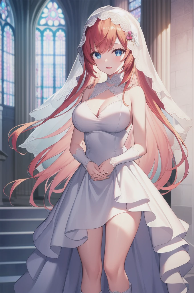 A girl,Long hair, Bangs, Orange Hair, Hair between the eyes, blue eyes:(1.5), (Large Breasts:1.2),
rest 锁骨, Wedding dress,veil,wedding,White Dress,Flowers,The skirt is broken,White socks,dress,White knee socks,Boots looking at the audience, whole body,Smile,Open your mouth,
indoors, church,permanent,permanent,upright,Combat power,Flowers,
rest (masterpiece:1.2), best quality, high resolution, Unity 8K wallpaper, (illustration:0.8), (Beautiful and delicate eyes:1.6), Extremely detailed face, Perfect lighting, Extremely detailed CG, (Perfect hands, Perfect anatomical structure),