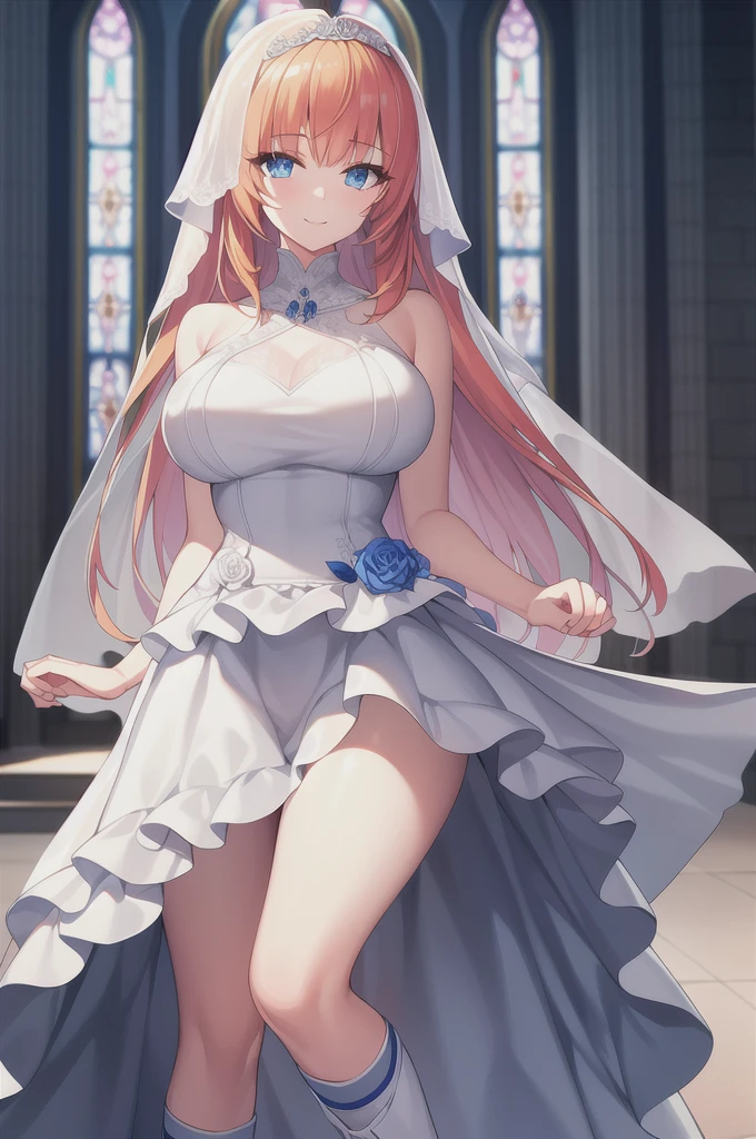 A girl,Long hair, Bangs, Orange Hair, Hair between the eyes, blue eyes:(1.5), (Large Breasts:1.2),
rest 锁骨, Wedding dress,veil,wedding,White Dress,Flowers,The skirt is broken,White socks,dress,White knee socks,Boots looking at the audience, whole body,Smile,Open your mouth,
indoors, church,permanent,permanent,upright,Combat power,Flowers,
rest (masterpiece:1.2), best quality, high resolution, Unity 8K wallpaper, (illustration:0.8), (Beautiful and delicate eyes:1.6), Extremely detailed face, Perfect lighting, Extremely detailed CG, (Perfect hands, Perfect anatomical structure),