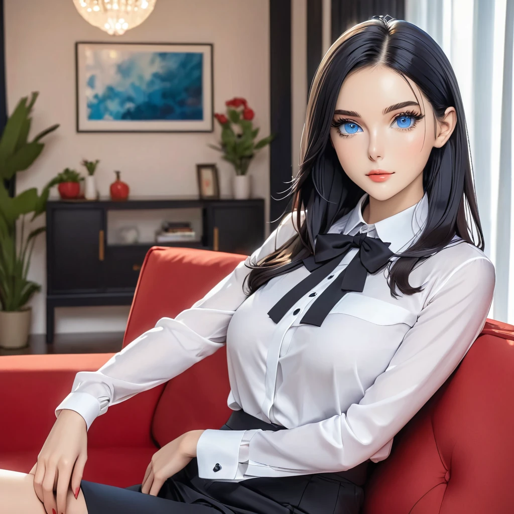 A Cute Woman with Long, silky black hair, left blue eyes, and right red eyes, perfectly symmetrical features, smooth skin, slim build, wears elegant clothes. She is sitting in a couch in a modern living room.