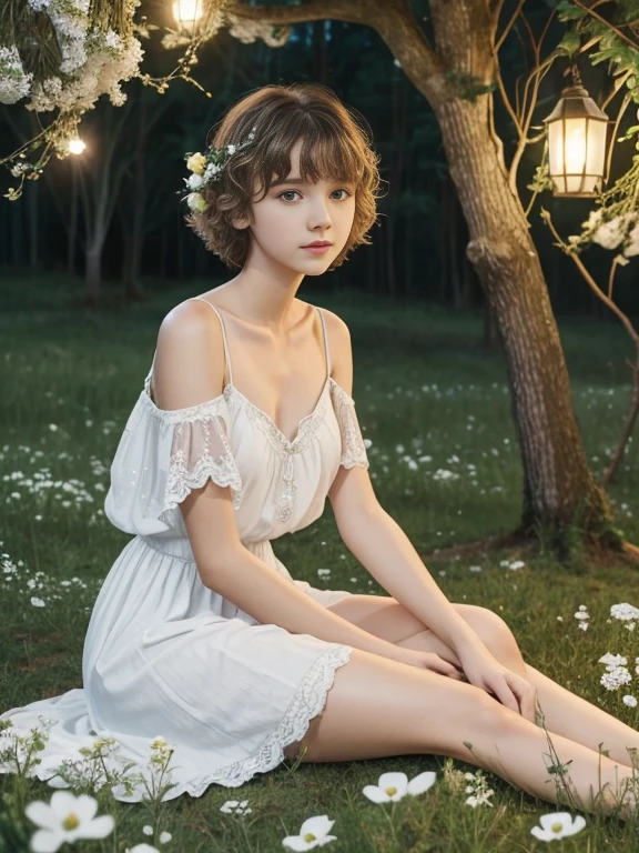 17 year old girl, short hair, White color, Very curly, Skinny body, small bust, green peasant dress, two hands, shows her legs, sitting on a hill at night, very starry sky, few trees, flowers illuminating, a white fox lying, on one side of her, Lovely