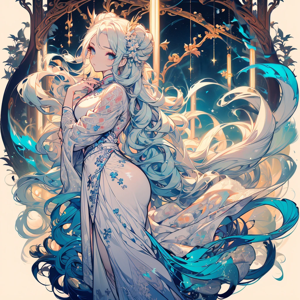 ((masterpiece, best quality)), Delicate face,Snake Woman,Full body painting,Perfect body proportions,Long legs,((Long wavy hair)), ((Half of her hair is white,The other half is cyan,Available in two colors)),beautiful eyes,Fantasy style,White background,transparent,cheongsam,Lace,