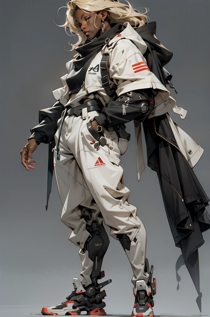 cyborg, beautiful female, futuristic, full body, look away, dark skin, blond hair color.