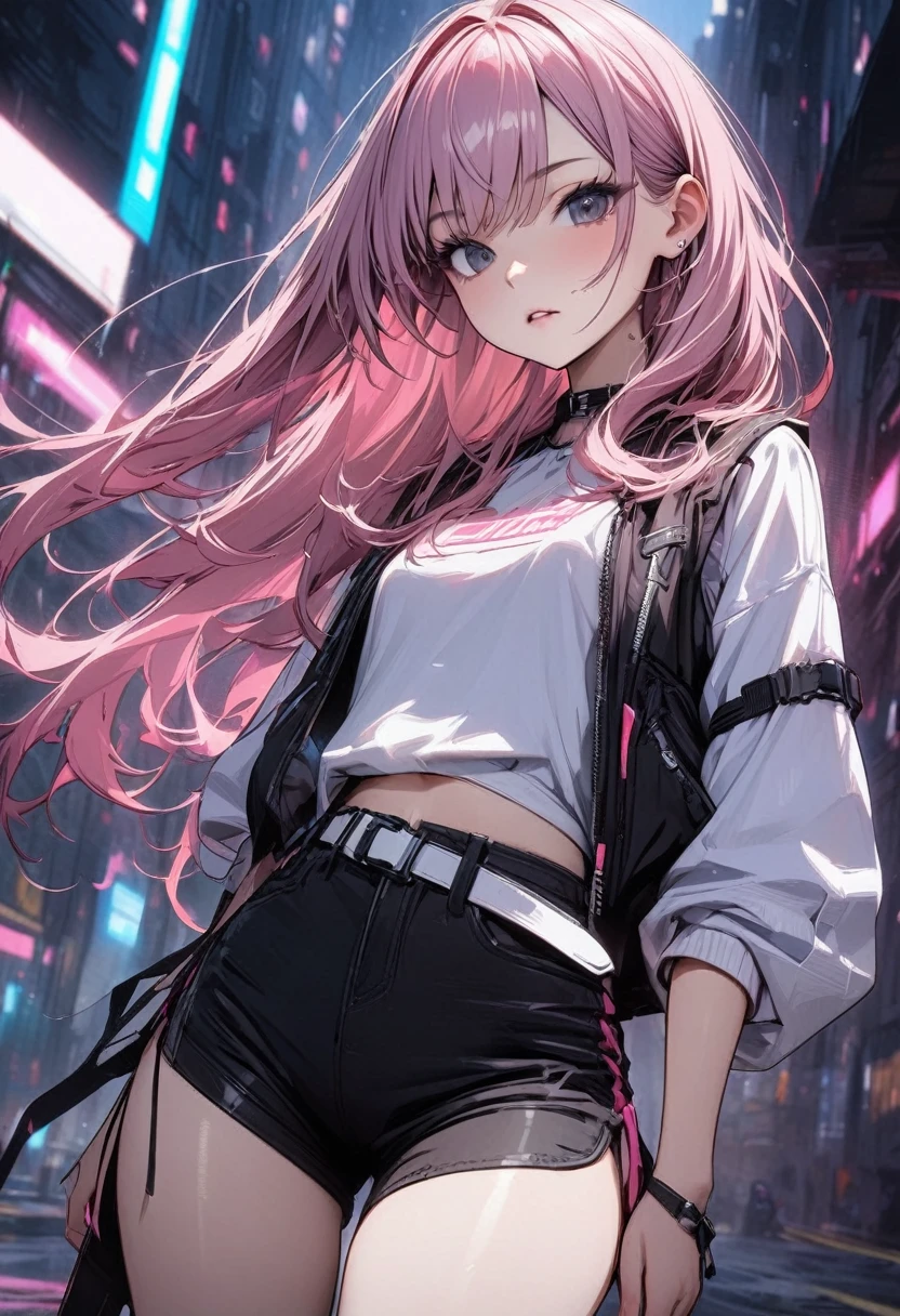 Young girl pink hair long hair black eyes cyberpunk white vest shorts high quality masterpiece 