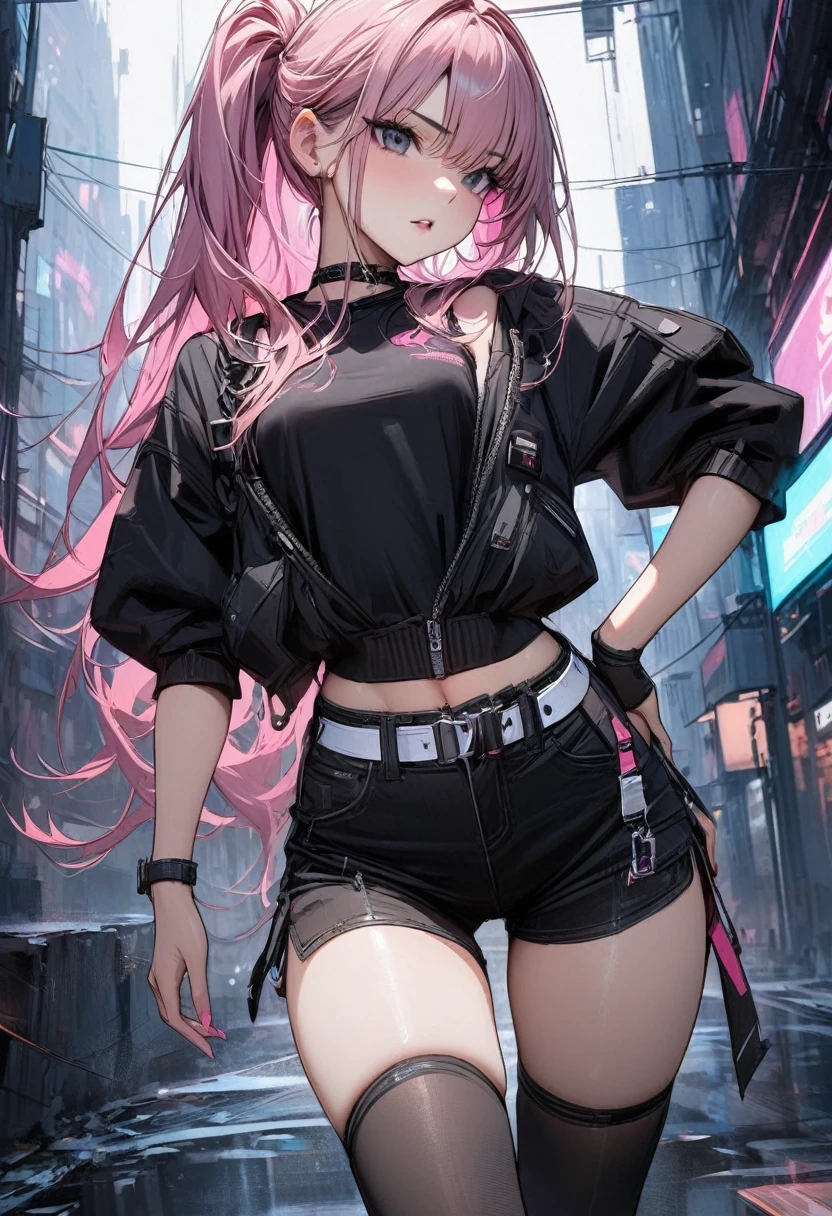 Young girl pink hair long hair black eyes cyberpunk white vest shorts high quality masterpiece 